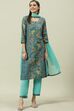 Blue Printed Straight Kurta Regular Pants Suit Set image number 6