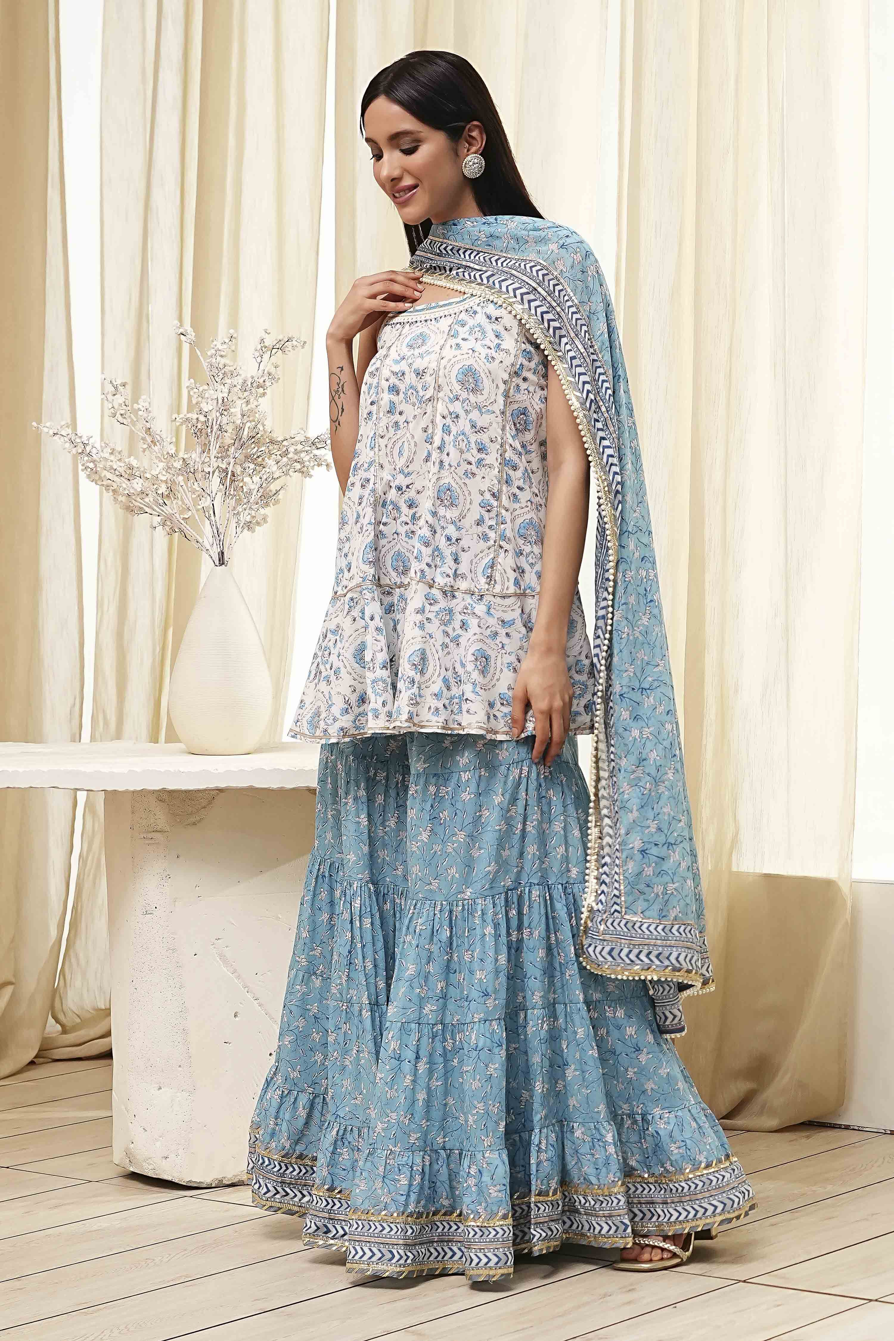 White and Blue Cotton Floral Flared Suit Set image number 3