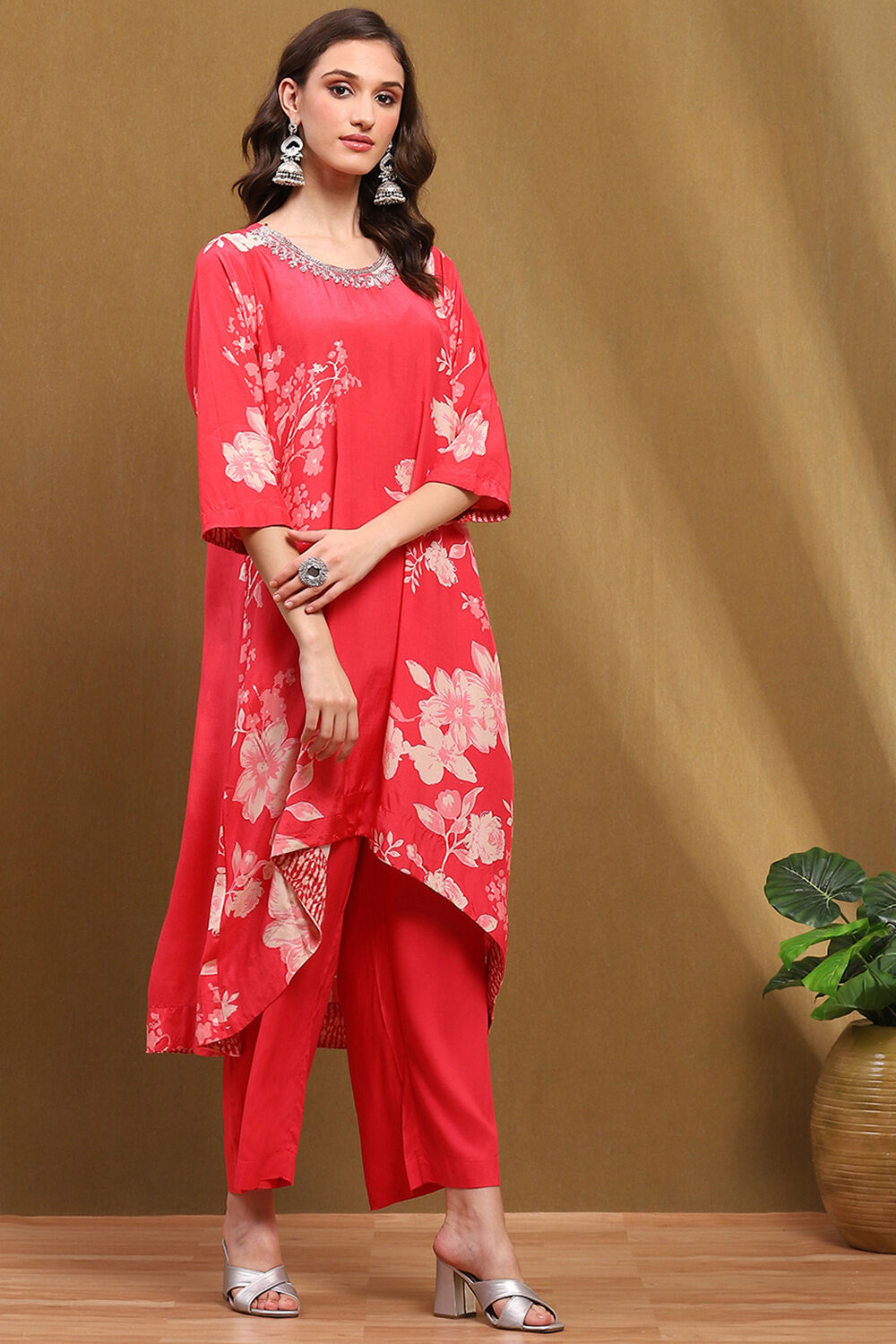 Coral Modal Floral Printed Asymmetric Kurta Set image number 5