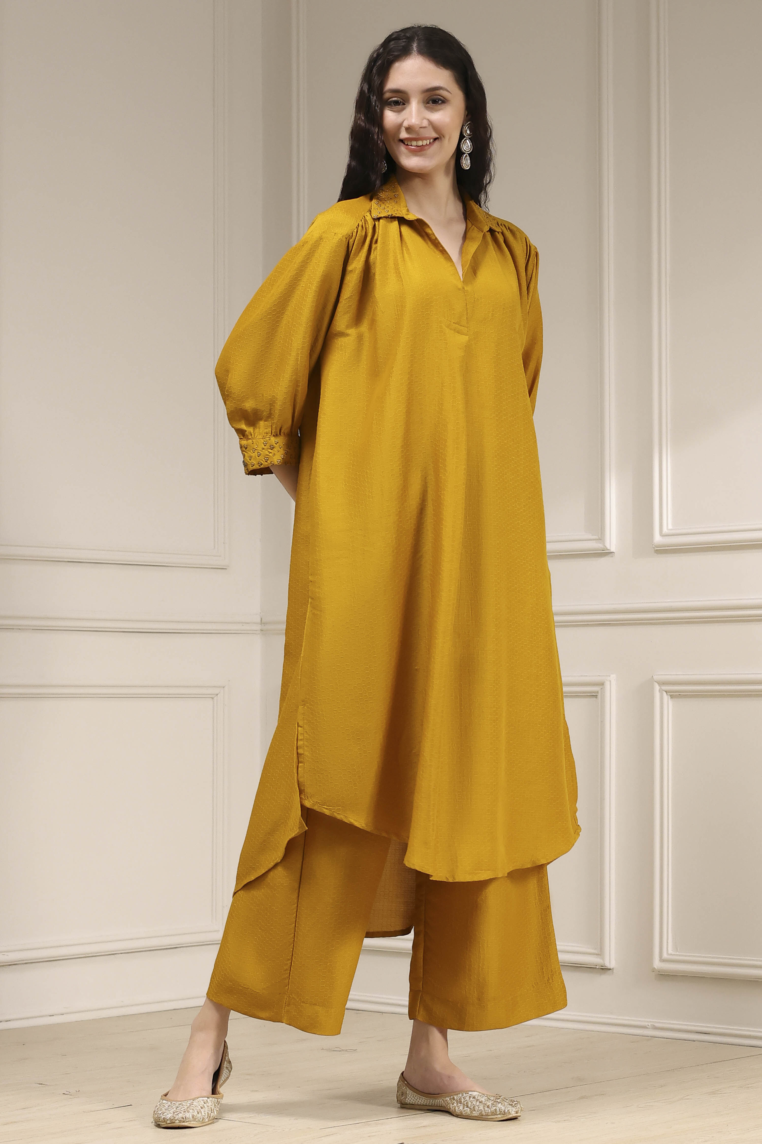 Ochre Yellow Polyester A-Line Dyed Kurta Pants Set image number 5