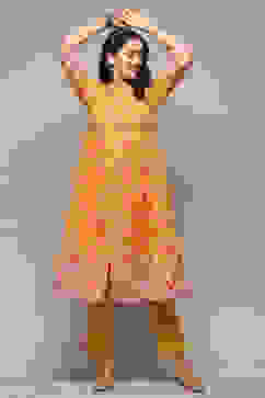 Yellow Cambric Flared Kurta Pant Suit Set image number 0