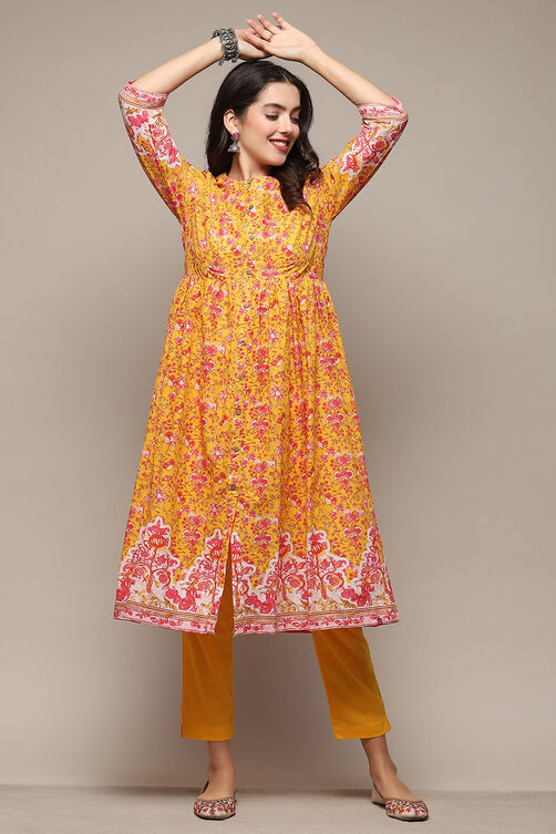 Yellow Cambric Flared Kurta Pant Suit Set image number 0