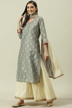 Cream & Grey Printed Straight Kurta Sharara Suit Set image number 0