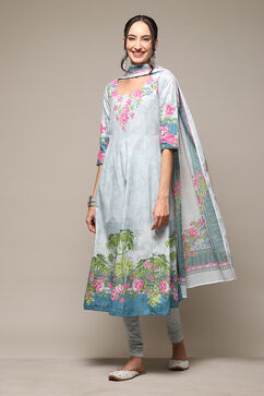 Powder Blue Cotton Anarkali Kurta Churidar Suit Set image number 5