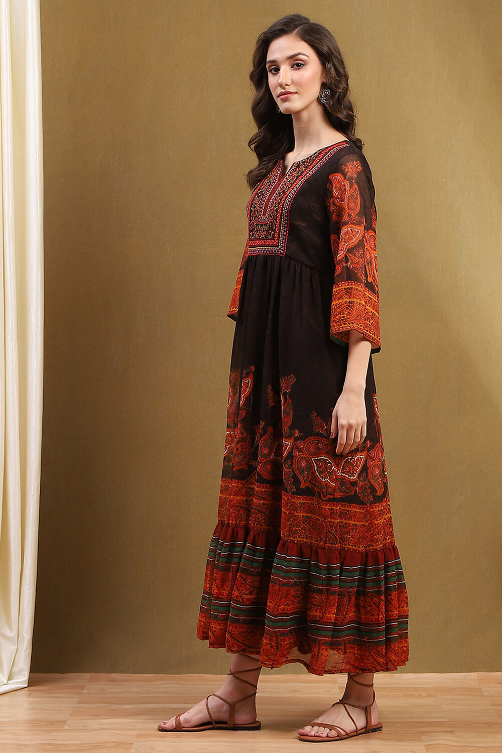 Chocolate Brown Georgette Printed Tiered Dress image number 2