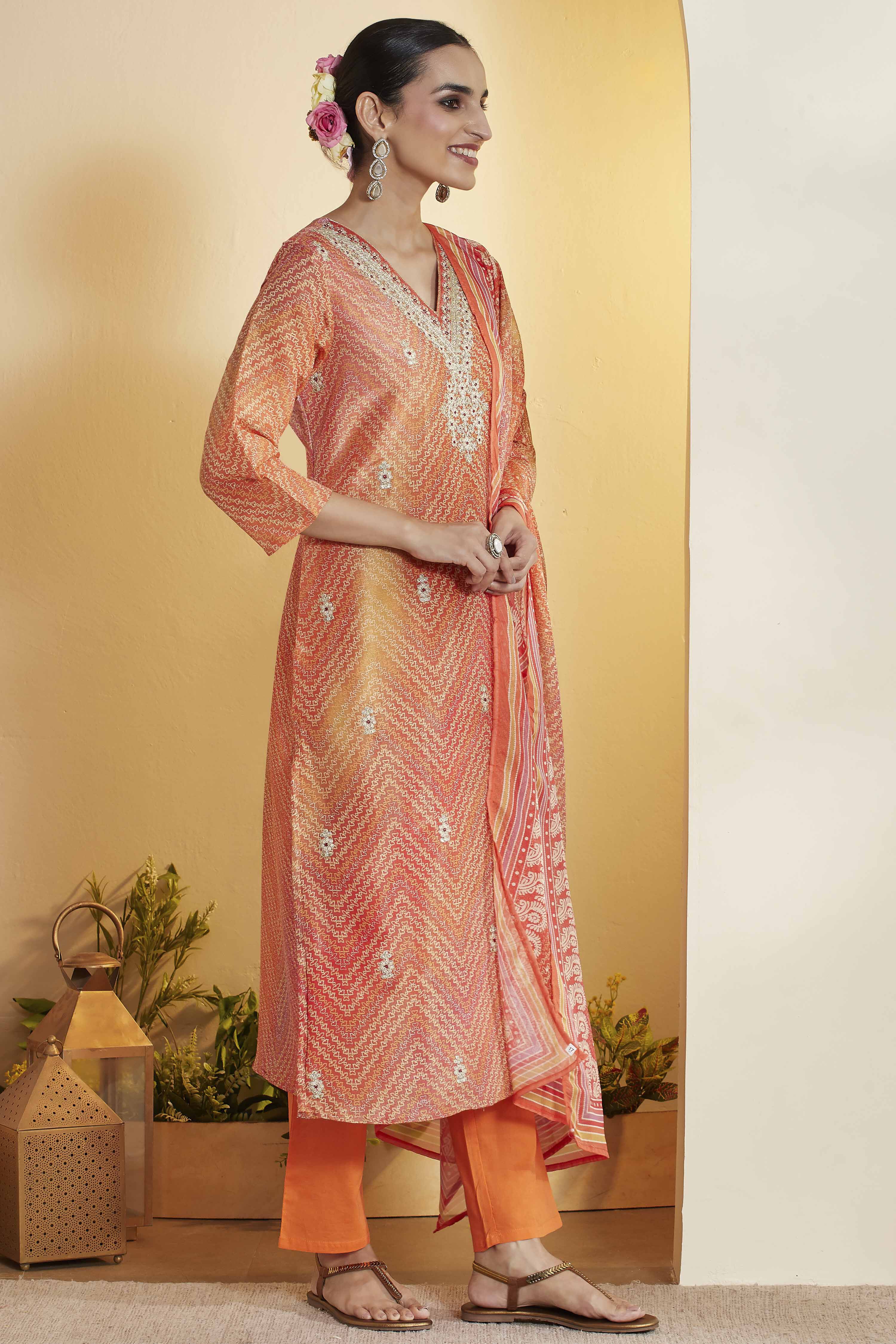 Orange Polyester Straight Printed Suit Set image number 5
