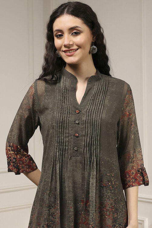 Charcoal and Rust Printed Pleated A-Line Kurta image number 1