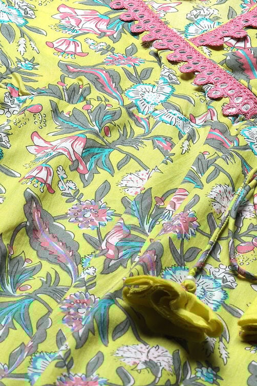 Yellow Gathered Cotton Kurta With Palazzo & Net Dupatta image number 1