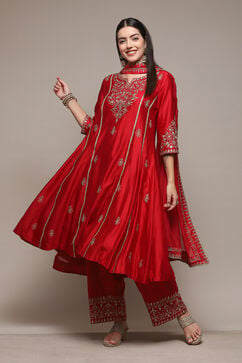 Red Cotton Silk Kalidar Kurta Palazzo Suit Set image number 7