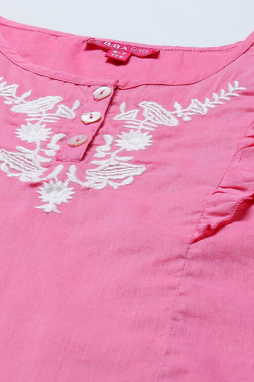 Pink Cotton Straight Printed Kurta Skirt Suit Set image number 1