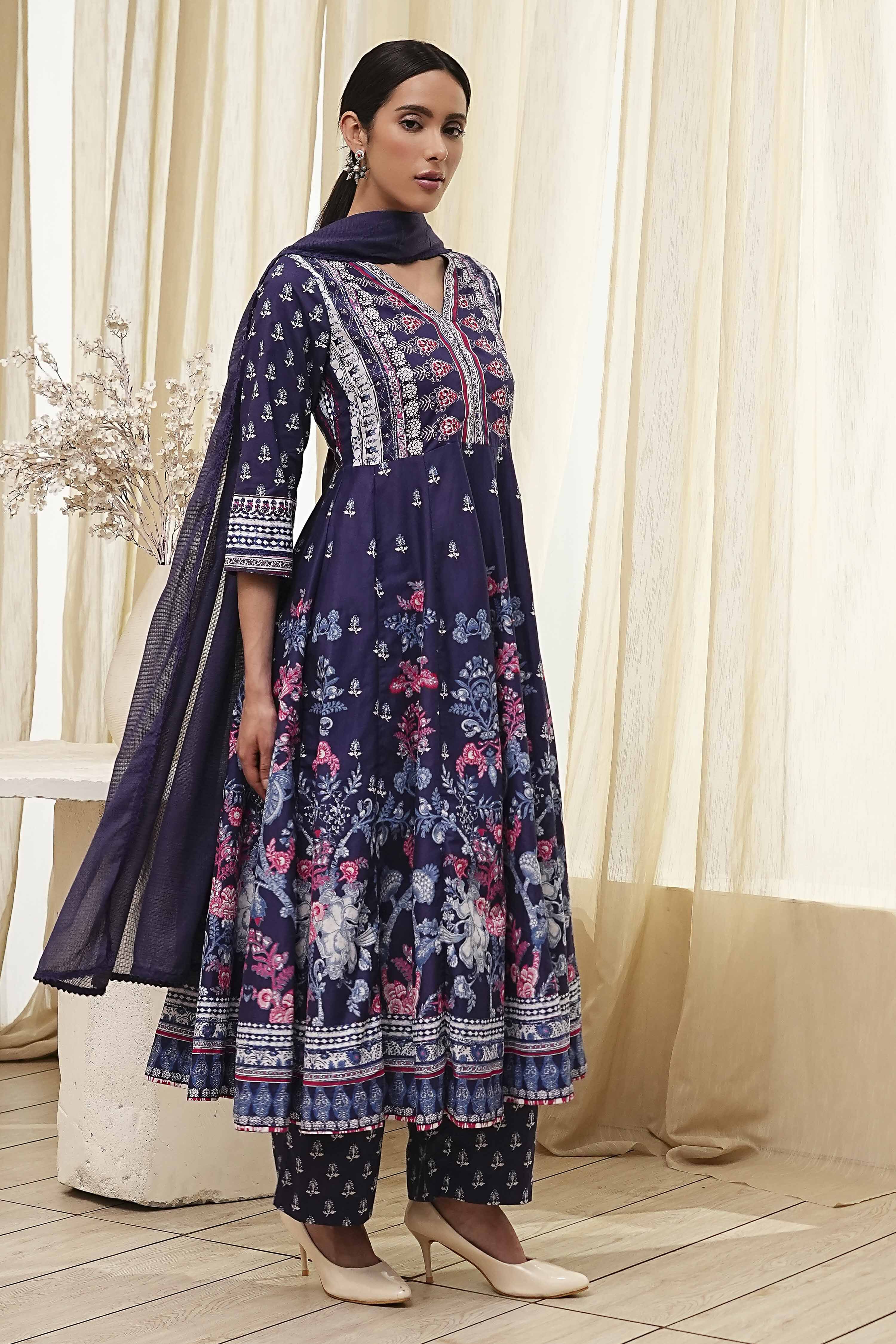 Indigo Cotton Floral Anarkali Suit Set image number 5