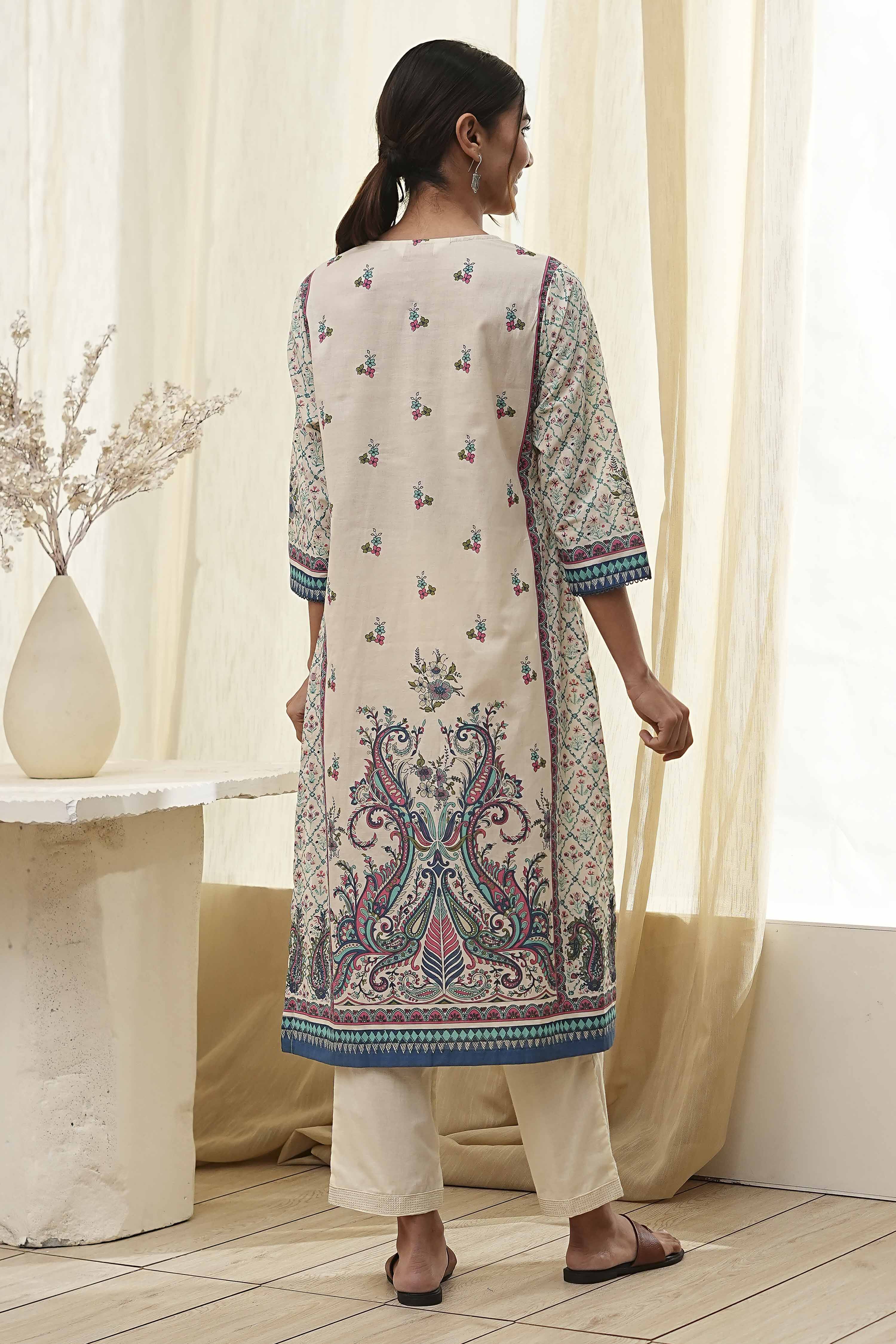 Blue Pure Cotton Printed Straight Kurta image number 3