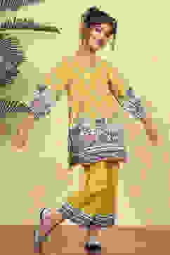 Yellow Cotton Printed A-Line Kurta Pants Set image number 5