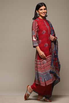 Red & Indigo Rayon Straight Kurta Palazzo Suit Set image number 6