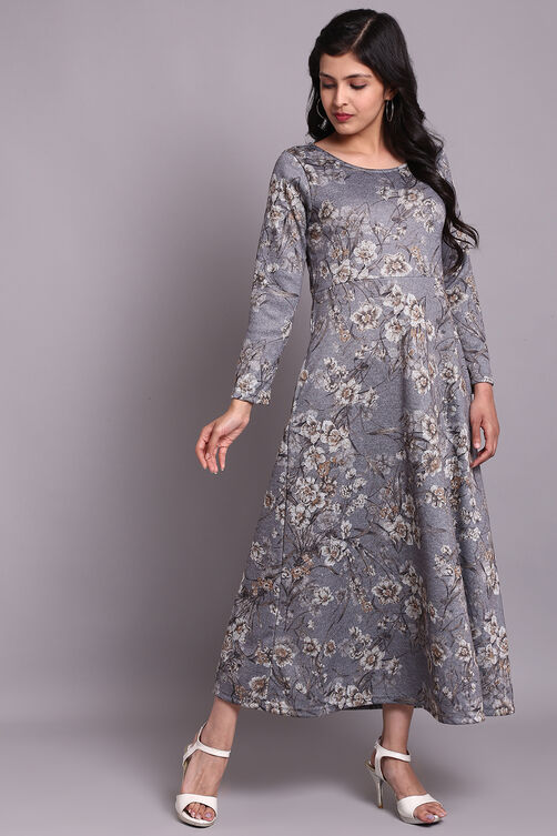 Grey Floral Winter Printed Dress image number 3