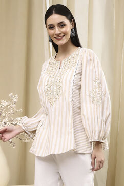 Beige Cotton A-Line Kurti image number 2