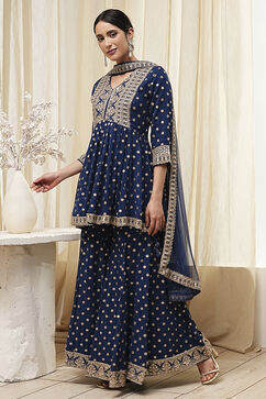 Teal Blue Georgette Embroidered Peplum Suit Set image number 3