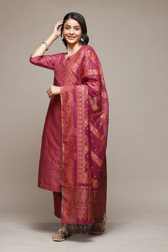 Fuschia Cotton Blend Straight Yarndyed Kurta Suit Set image number 5