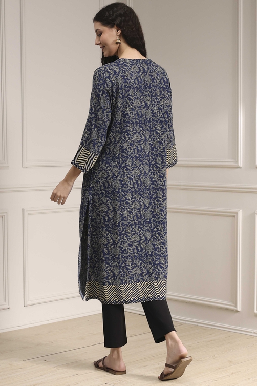 Blue Printed Straight Kurta image number 3