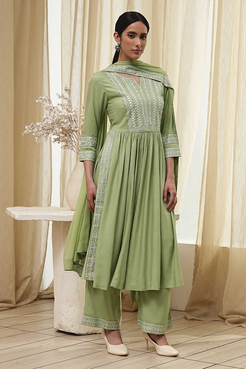 Olive Green Embroidered Gathered Suit Set image number 5