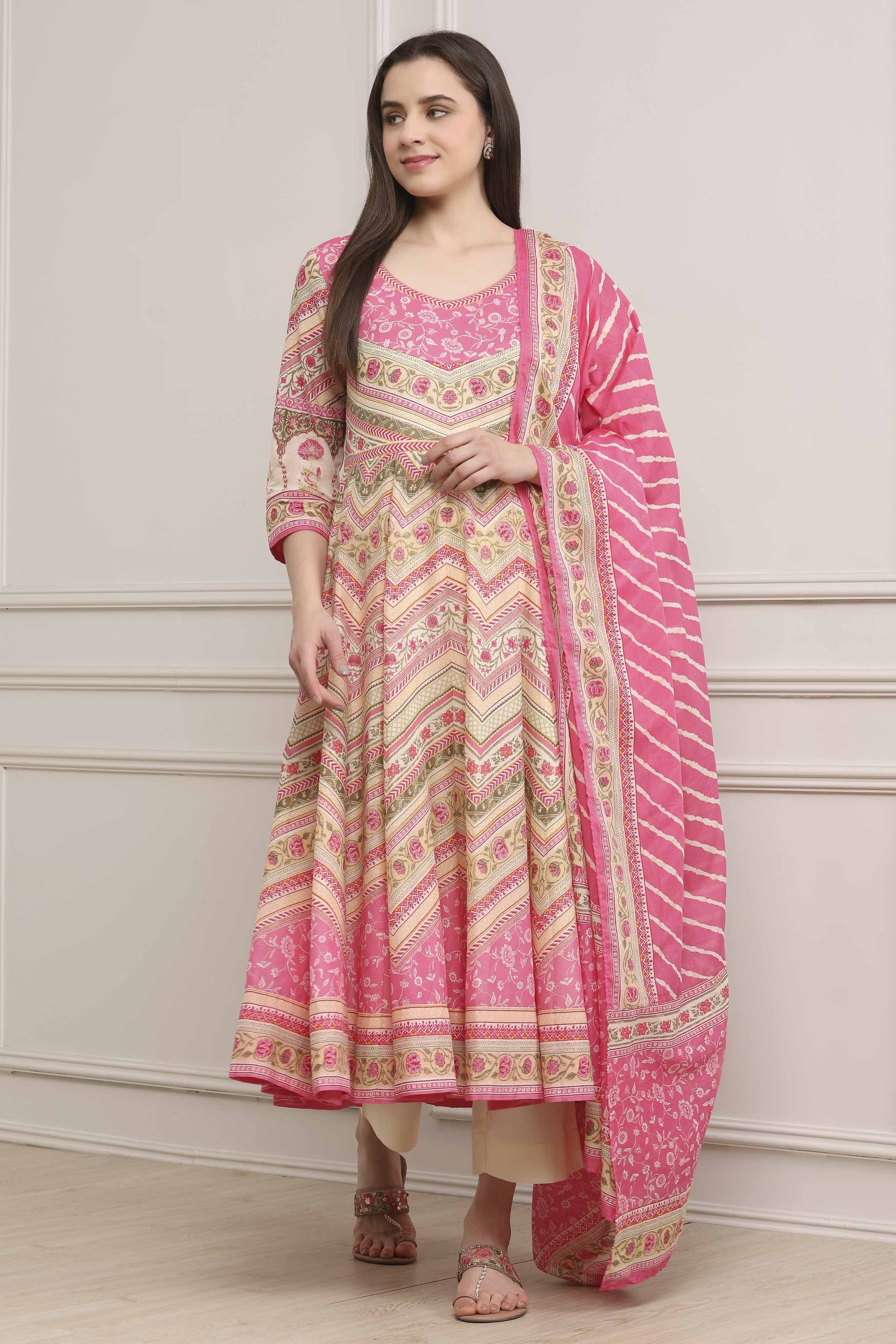 Pink Cotton Printed Anarkali Suit Set image number 6