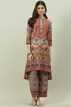 Beige Cotton Blend Asymmetric Printed Kurta Suit Set image number 6