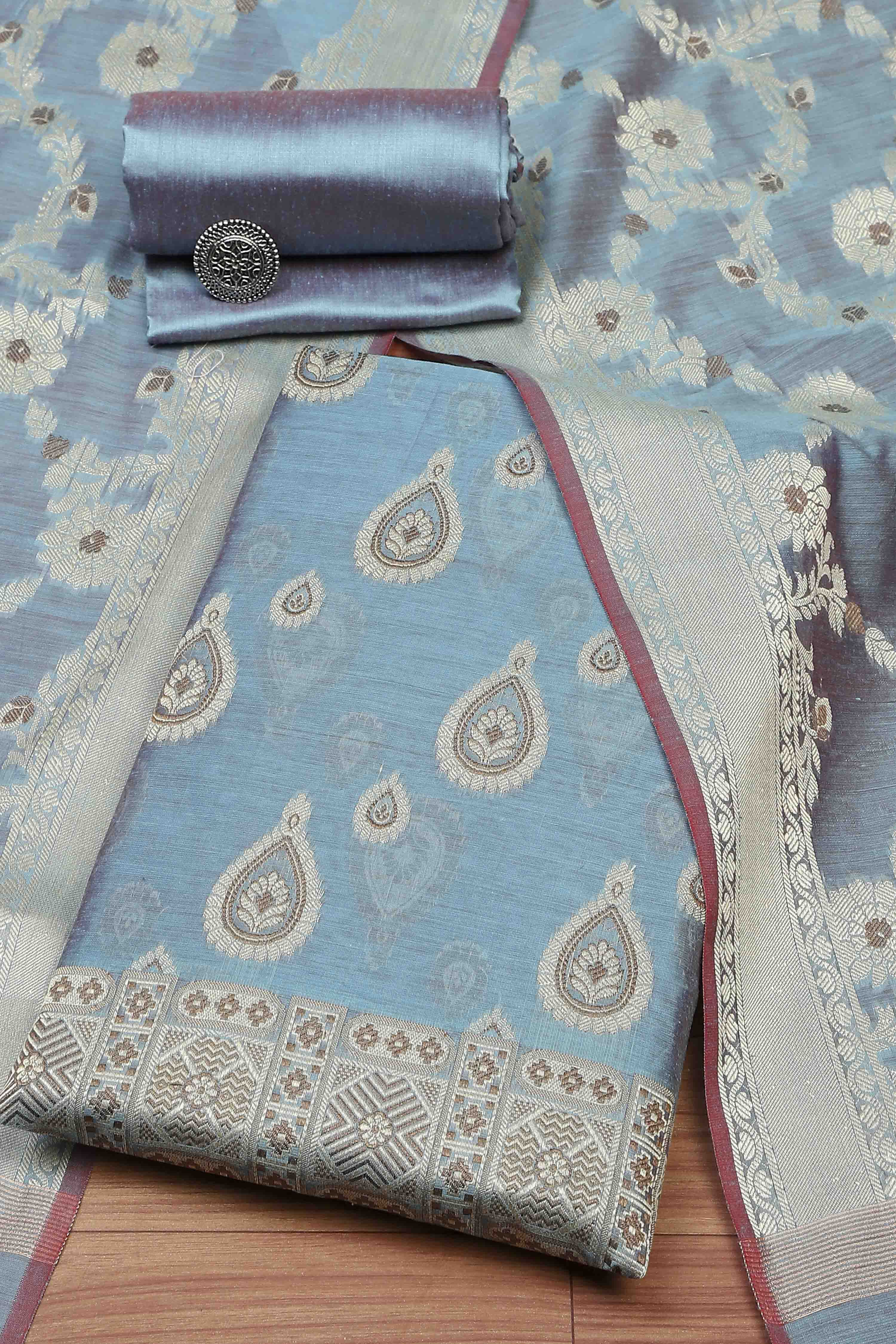 Red Chanderi  Unstitched Suit Set image number 0