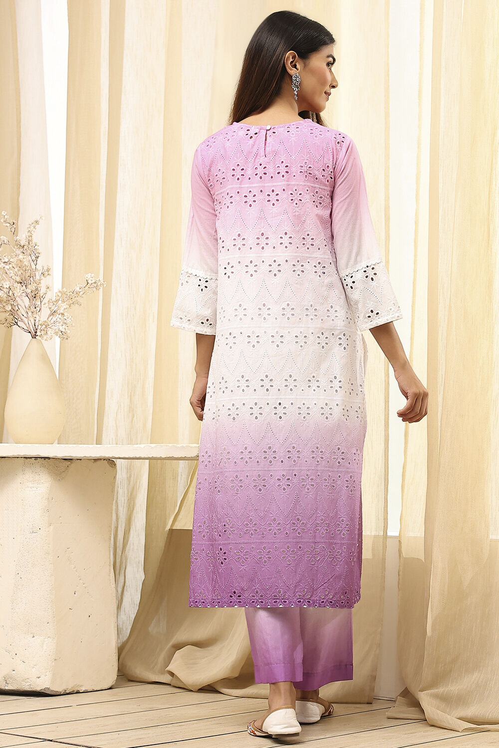 Pink Cotton Schiffli Straight Suit Set image number 5