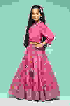 Pink Polyester Flared Printed Lehenga Set image number 3