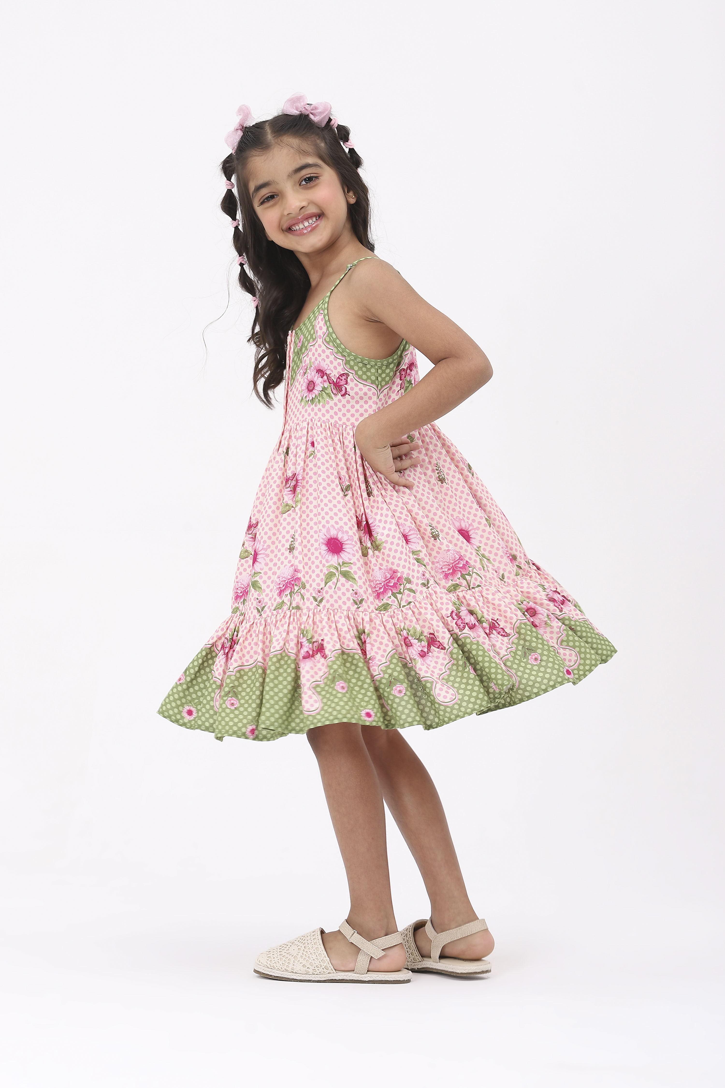 Pink Viscose Rayon Printed Tiered Dress image number 1