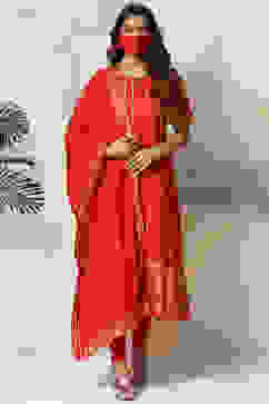 Red Cotton Anarkali Kurta Churidar Suit Set image number 7