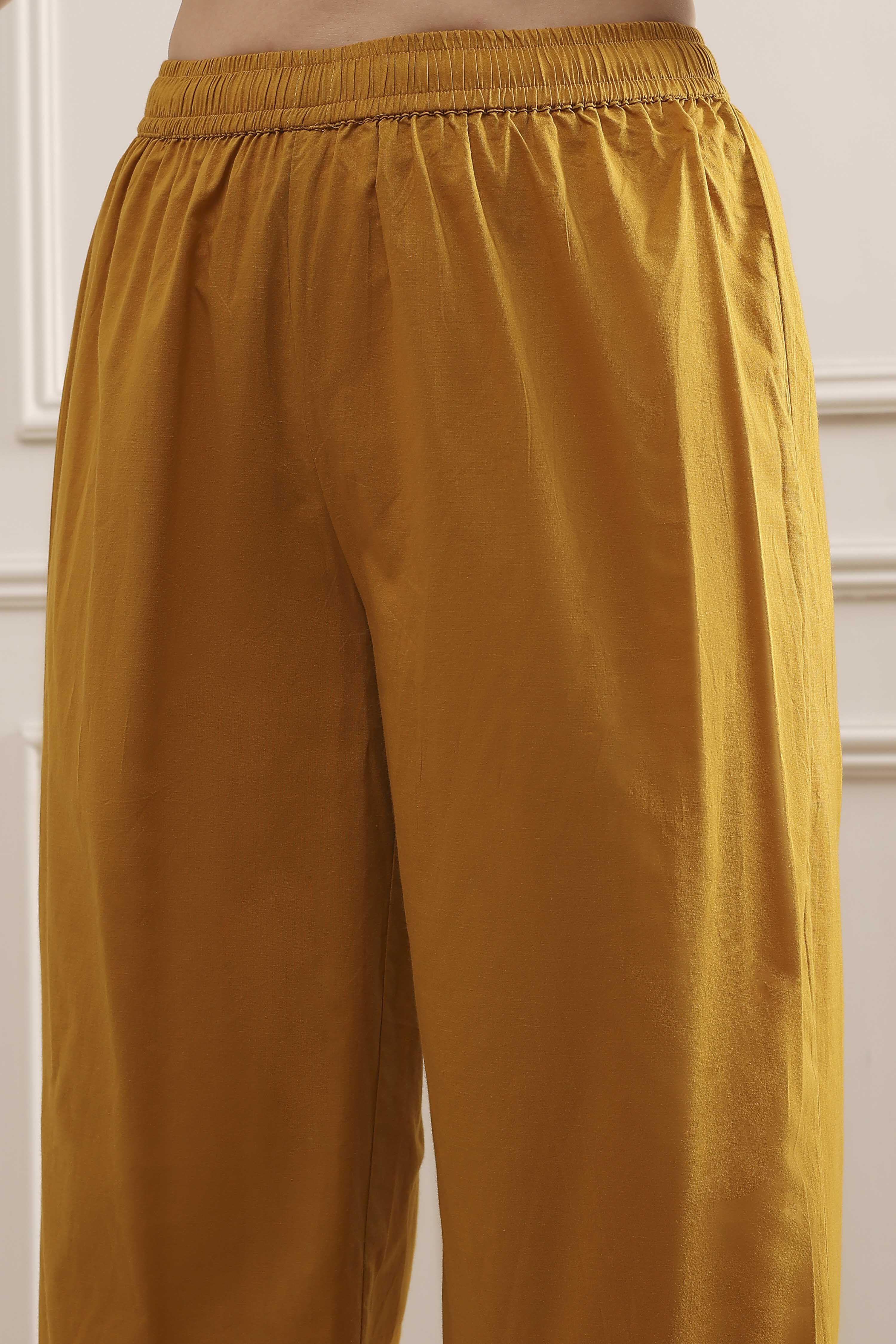 Mustard Yellow Cotton Embroidered Kalidar Suit Set image number 2