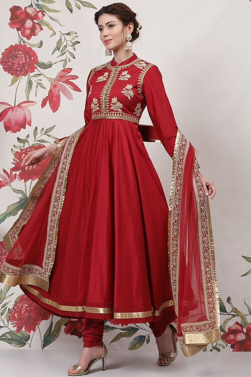 Rohit Bal Red Cotton Silk Anarkali Yarndyed Suit Set image number 5