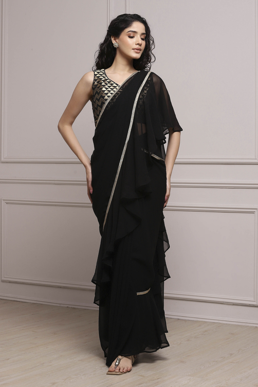 Black Art Silk Pre-draped Saree image number 6
