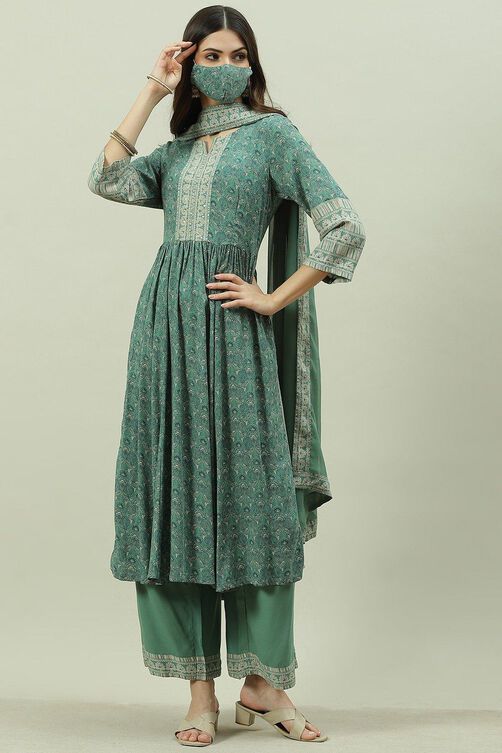 Sage Green Rayon Gathered Kurta Palazzo Suit Set image number 0