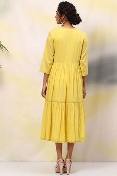 Yellow Cotton Flared Solid Dress image number 4