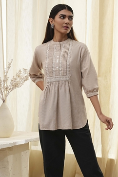 Beige Cotton Yarn-Dyed Short Straight Kurta image number 5