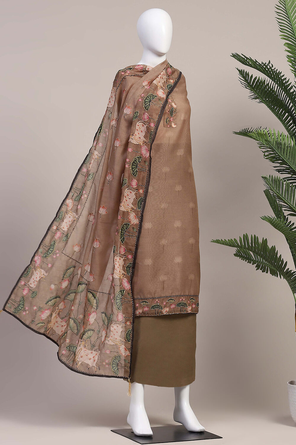 Mehendi Green Chanderi Hand Embroidered Unstitched Suit Set image number 4