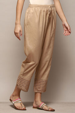 Beige Cotton Regular Solid Pants image number 3