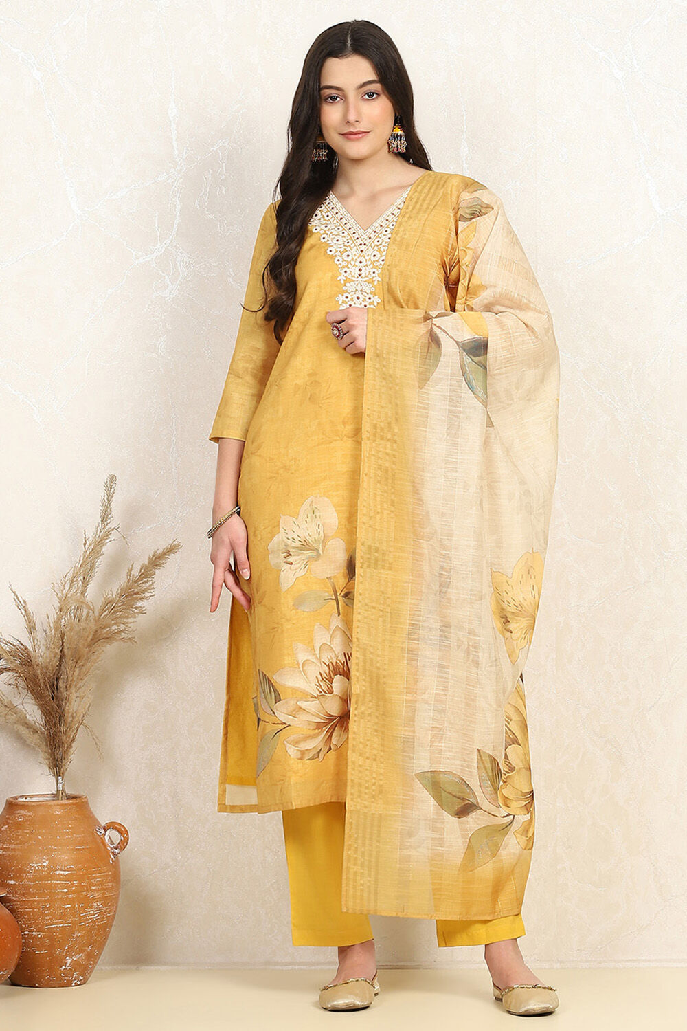 Mustard Linen Blend Digital Print Unstitched Suit Set image number 7
