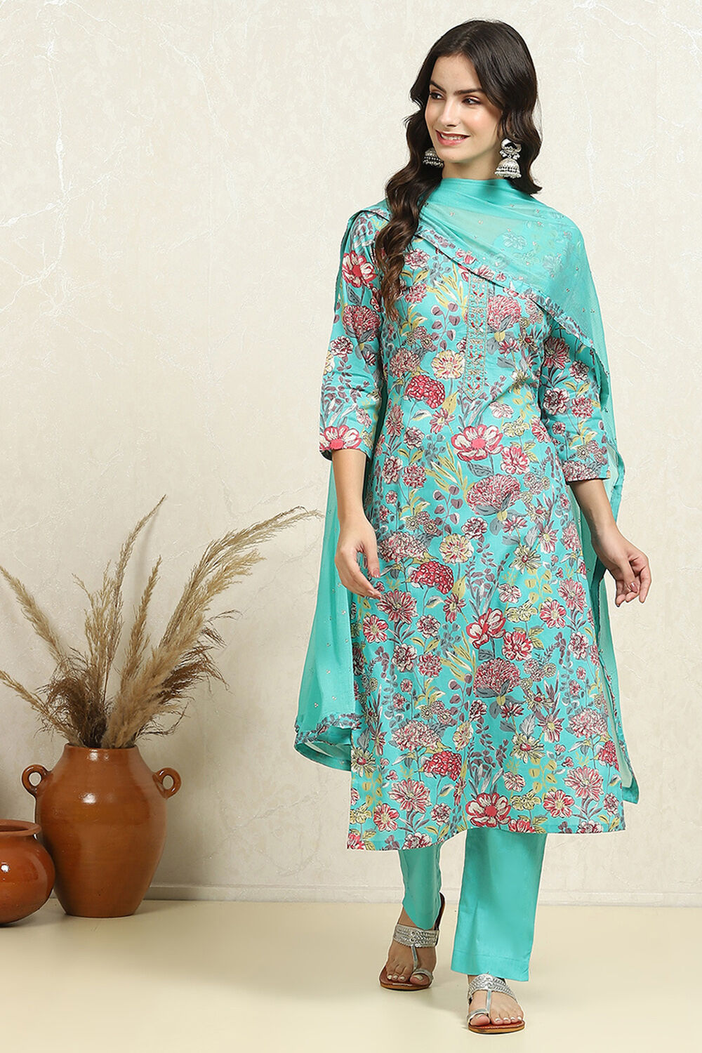 Green Cotton Floral Unstitched Suit Set image number 7