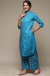 Teal Cotton Straight Kurta Palazzo Suit Set image number 3