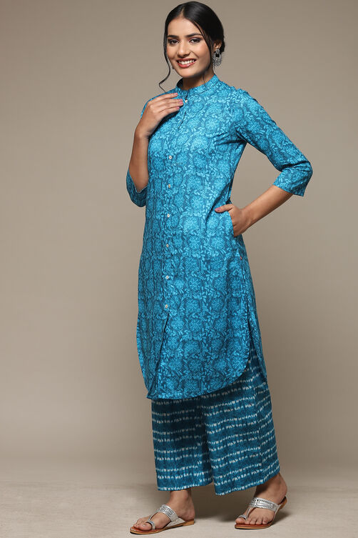 Teal Cotton Straight Kurta Palazzo Suit Set image number 3