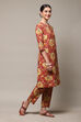 Red Cotton Straight Kurta Relaxed Pants Suit Set image number 5