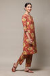 Red Cotton Straight Kurta Relaxed Pant Suit Set image number 5