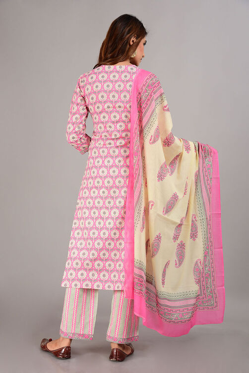 Pink Cotton Screen Print Unstitched Suit Set image number 7