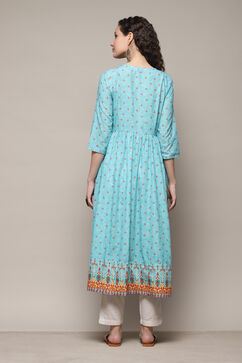 Sky Blue Cotton A-Line Printed Kurta image number 4