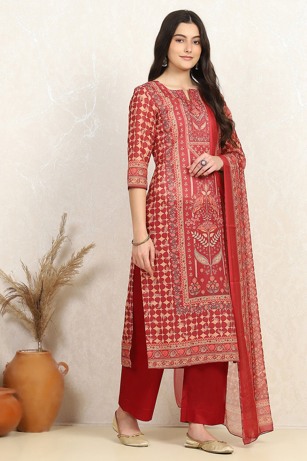 Pink Cotton Digital Print Unstitched Suit Set image number 6