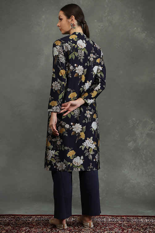 Rohit Bal Indigo Silk Chanderi Floral Printed Straight Kurta Set image number 4