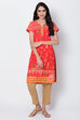 Red Metallic Cotton Straight Printed Kurta image number 2